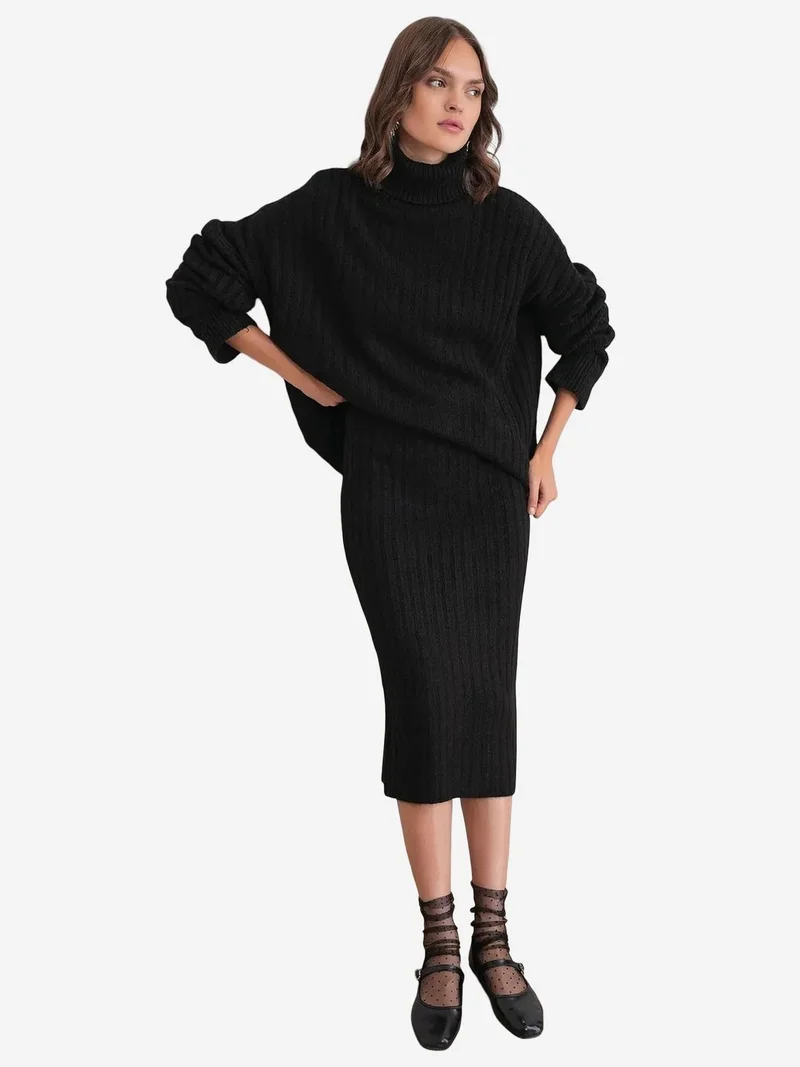 ميكسراي MIXRAY High Waist Ribbed Knit Skirt